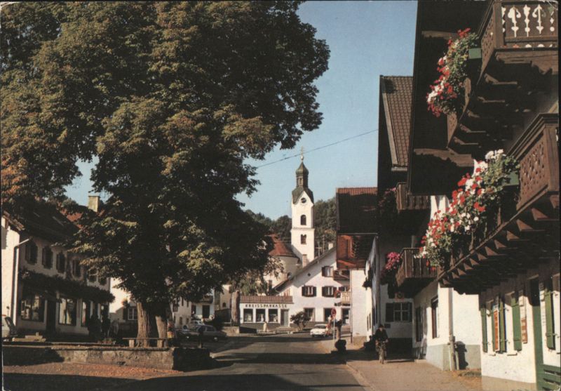 Main Street with Church Tower and Large Tree, Bad Kohlgrub Germany