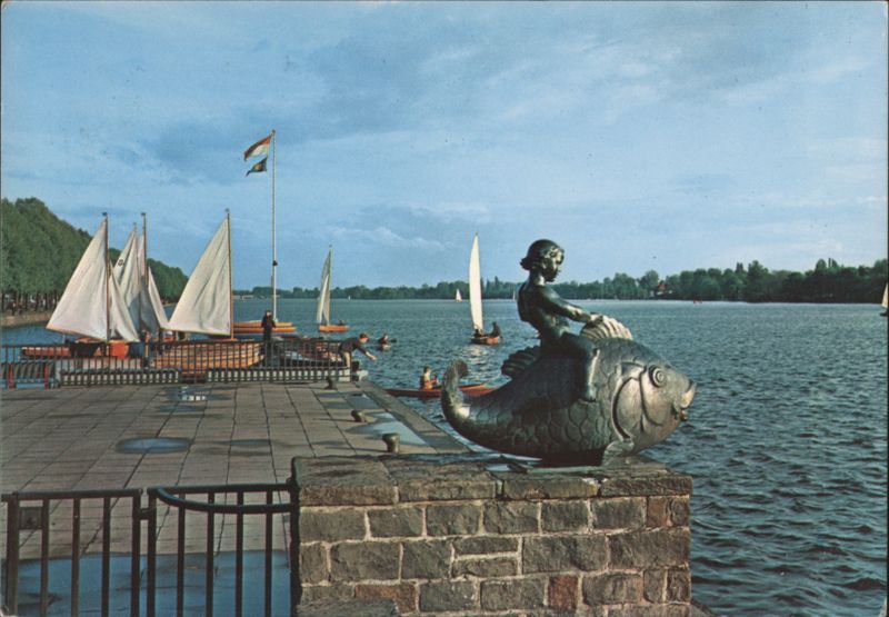 Fischreiter Statue and Sailboats on Maschsee, Hannover Germany