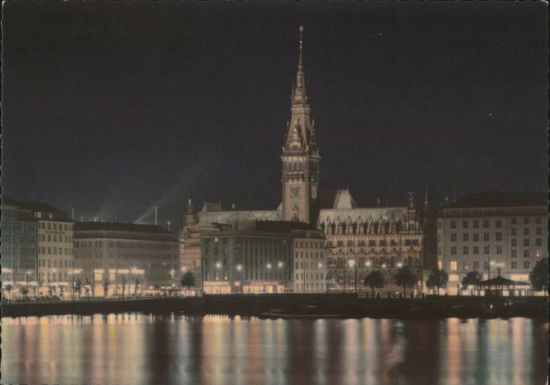 Hamburg: Jungfernstieg and Inner Alster Lake at Night Germany