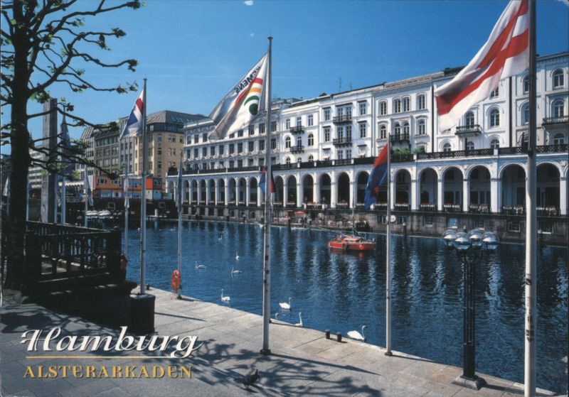 Hamburg Alsterarkaden, Canal with Buildings and Flags Germany