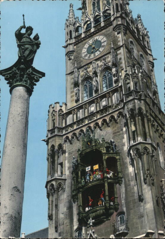 Patrona Bavariae and Glockenspiel at Munich Town Hall Tower Germany