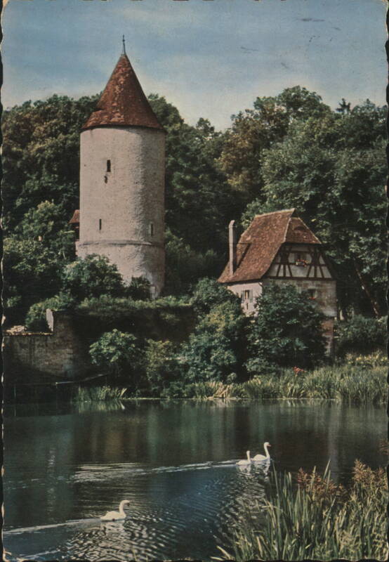 Dinkelsbühl: Faulturm and Stadtparkweiher with Swans Germany