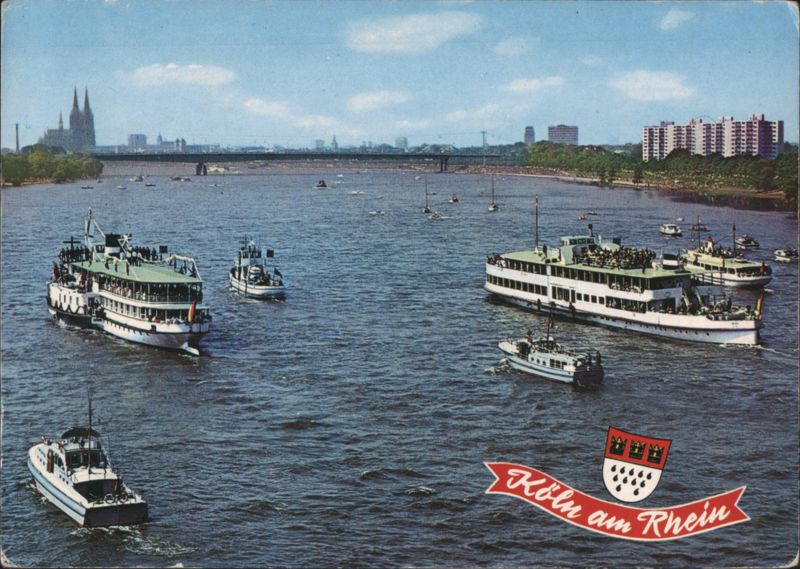 Steamers on Rhine River with Cologne Cathedral View Germany