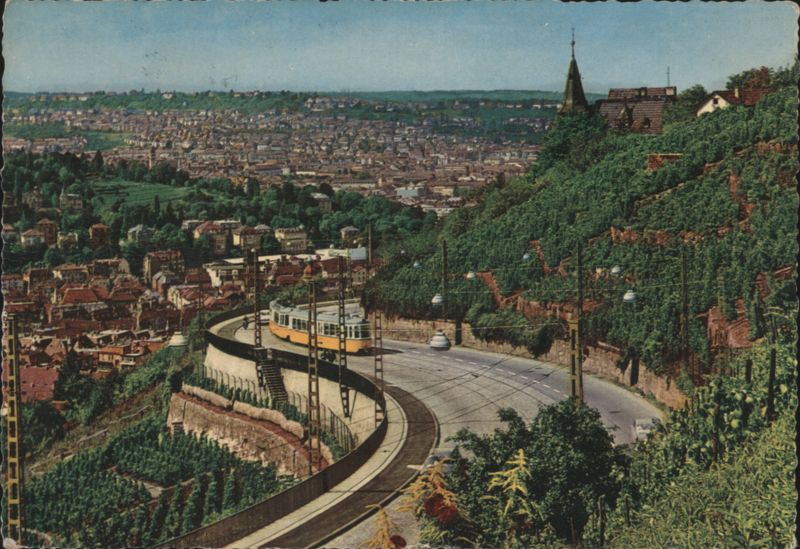 Stuttgart, Tram on Winding Neue Weinsteige with City View Germany