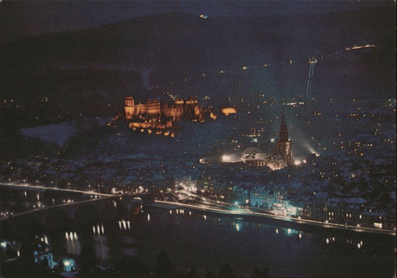 Heidelberg Castle and City at Night from Philosopher's Walk Germany