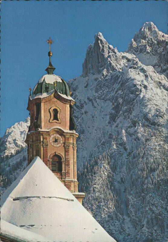 Mittenwald Parish Church with Vierespitze Mountain Backdrop Germany