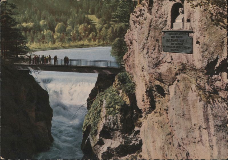 Maxsteg Bridge over Lechfall with Maximilian II Monument, Füssen Germany