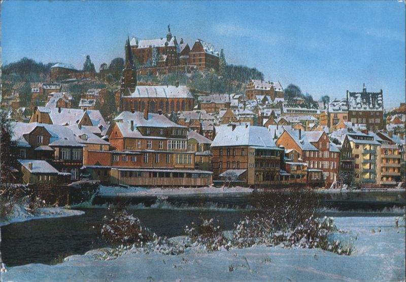 Snowy View of Marburg an der Lahn with Castle Germany