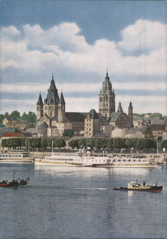 Mainz Cathedral and Rhine River with Boats Germany