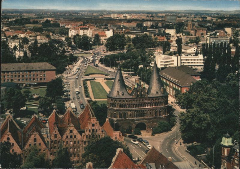 Lübeck, View of Holstentor from St. Petri Observation Tower Germany