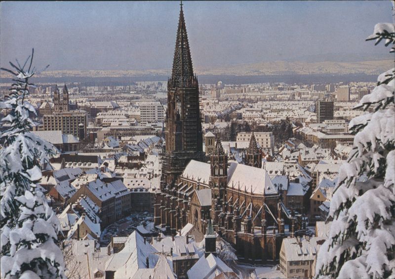 Freiburg im Breisgau Minster Spire and City in Winter Germany