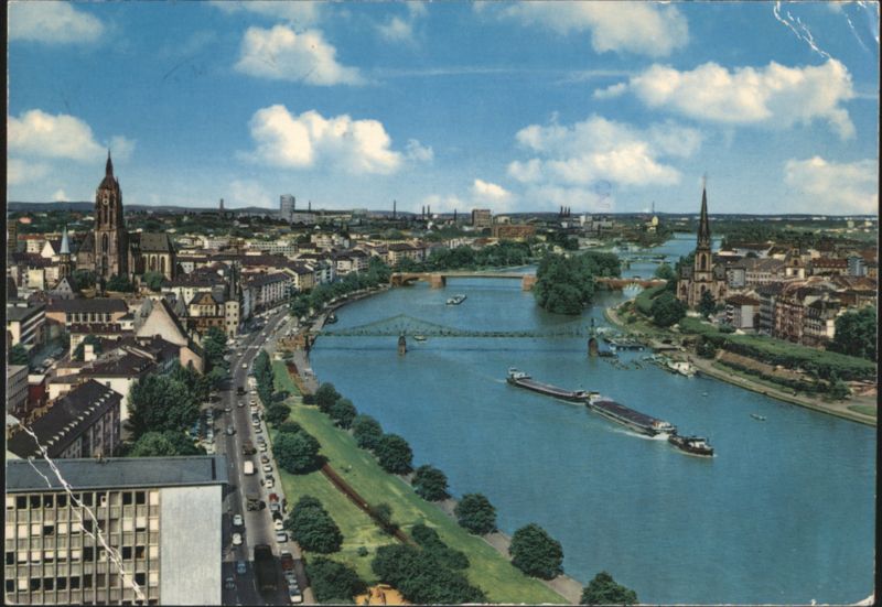Frankfurt am Main Cityscape with River and Barges Germany