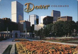 Denver Colorado Cityscape with Skyscrapers and Flowerbeds Postcard
