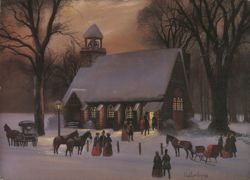 Snowy Church Gathering, Winter Evening Postcard