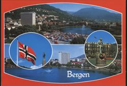 Bergen Cityscape with Lake and Flag Postcard