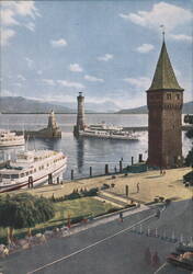 Lindau Harbour Entrance with Lighthouse & Mangturm Tower Postcard