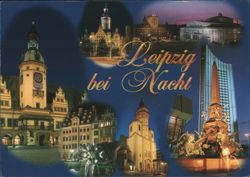 Leipzig bei Nacht - Illuminated City Landmarks Collage Postcard