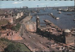 Hamburg Harbor with Landungsbrücken and Clock Tower Postcard
