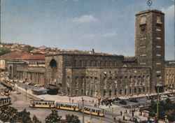 Stuttgart Hauptbahnhof with Clock Tower and Trams Postcard