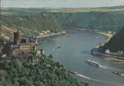 Rhine Valley and Katz Castle with River Boats, Germany Postcard
