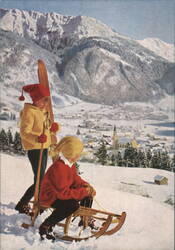 Children Sledding and Skiing in Allgäu Alps Village Postcard