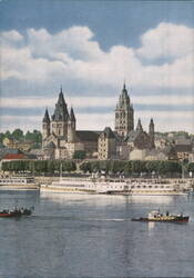 Mainz Cathedral and Rhine River with Boats Postcard