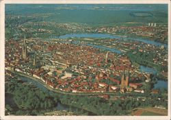 Lübeck, Germany - Aerial View of Cityscape and Rivers Postcard