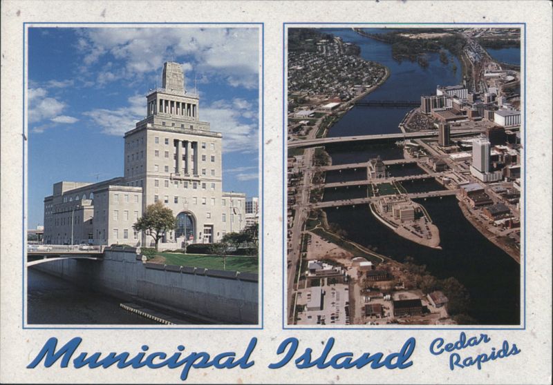 Municipal Island Aerial View and Building, Cedar Rapids Iowa
