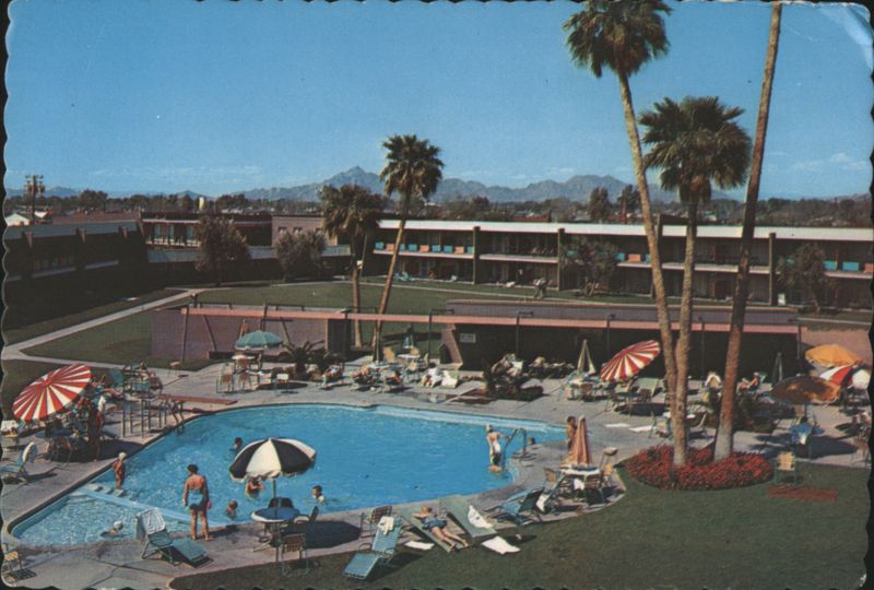 Newton's Sands Hotel Pool Area, Palm Trees & Mountains Phoenix Arizona