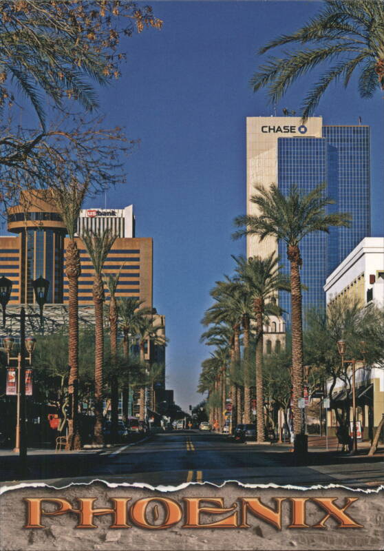 Downtown Phoenix Street View with Palm Trees & Skyscrapers Arizona