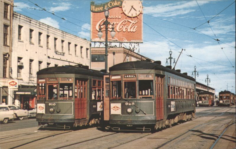 New Orleans Canal St. Trolley Cars with Coca-Cola Sign Louisiana