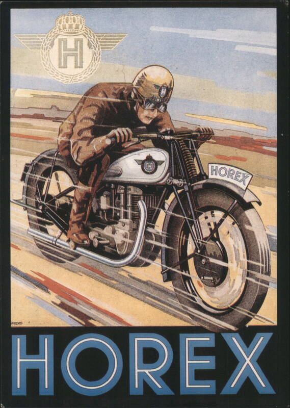 Horex Motorcycle with Rider, Art Deco Style Illustration