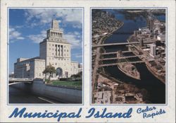Municipal Island Aerial View and Building, Cedar Rapids Postcard
