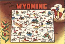 Greetings from Wyoming Illustrated State Map Postcard