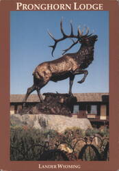 Pronghorn Lodge, Bull Elk Bronze Statue, Lander WY Postcard