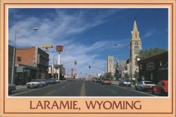 Downtown Laramie, WY Street Scene with Church Steeple Postcard