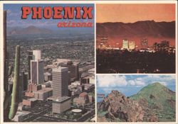 Phoenix AZ Aerial, Downtown Night, Camelback Mountain Postcard