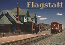 Flagstaff Train Station and BNSF Train Postcard