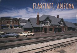 Flagstaff, Arizona Train Station with Tracks & Cars Postcard