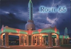 Route 66 Conoco Station, Neon Lights, Lightning Sky Postcard