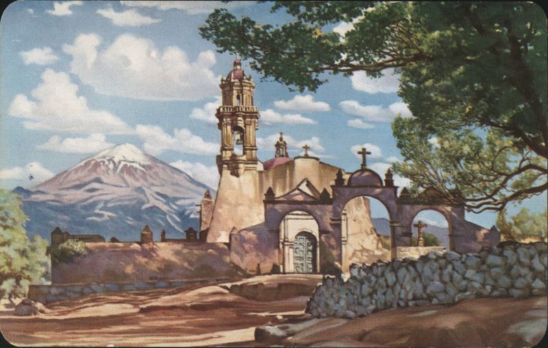 Popocatepetl Volcano and Church from Amecameca, Mexico Mexico State