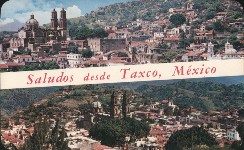 Panoramic Views of Taxco, Mexico with Santa Prisca Church Gro.