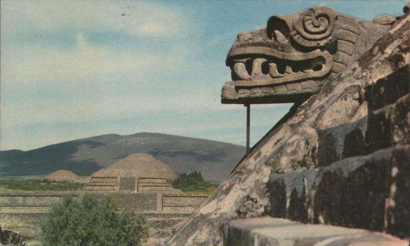 Quetzalcoatl Head & Pyramids, Teotihuacan, Mexico