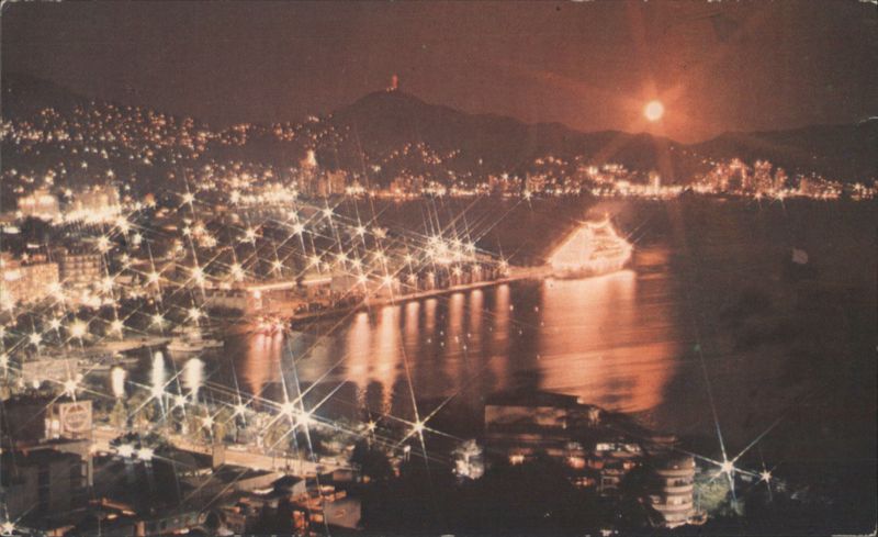 Panoramic Night View of Acapulco Bay with Cruise Ship Mexico