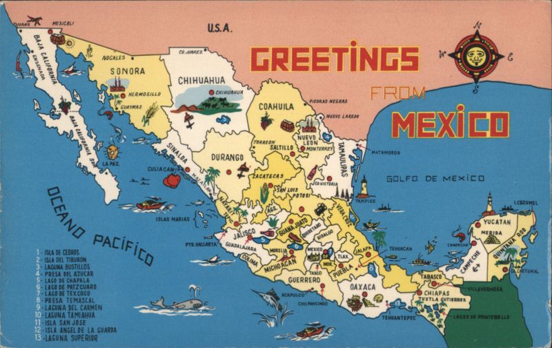 Greetings From Mexico Map, Illustrated Country Overview