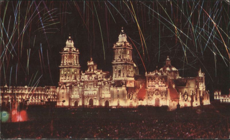 Mexico City Cathedral with Fireworks at Night