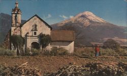 El Popocatepetl Volcano with Church and Figure, Mexico Postcard