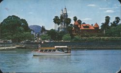 Boat on Lake Chapala with Church and Buildings Postcard