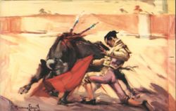 Bullfighter and Bull in Arena, Matador with Red Cape Postcard