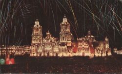 Mexico City Cathedral with Fireworks at Night Postcard